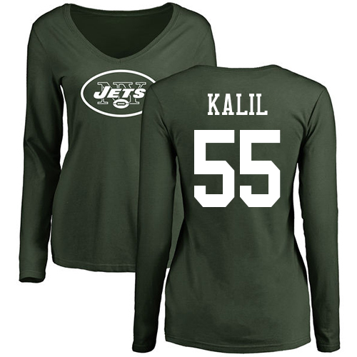 New York Jets Green Women Ryan Kalil Name and Number Logo NFL Football #55 Long Sleeve T Shirt->women nfl jersey->Women Jersey
